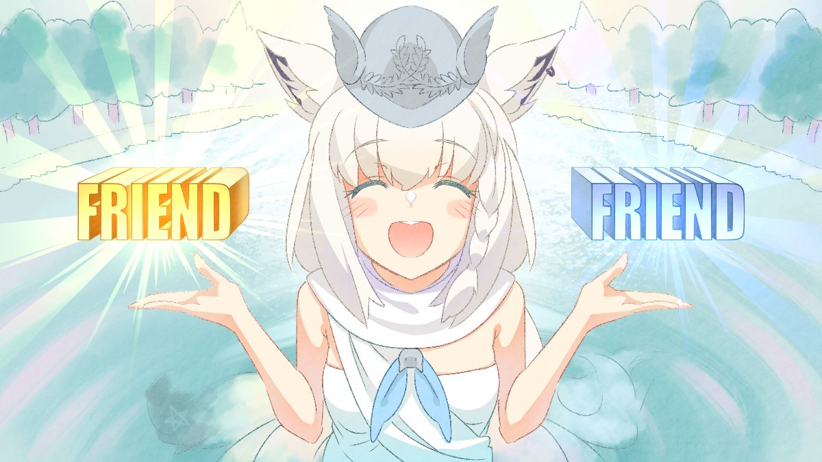 1girl animal_ears bangs bare_shoulders blush braid breasts closed_eyes commentary_request earrings eyebrows_visible_through_hair facing_viewer forest fox_ears fox_girl hair_between_eyes hololive jewelry light_rays long_hair nature open_hands open_mouth pond shirakami_fubuki sidelocks single_braid small_breasts solo tataki_tuna toga virtual_youtuber w_arms white_hair