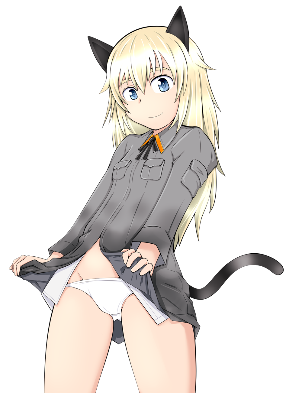 1girl animal_ears bangs black_neckwear blonde_hair blue_eyes cat_ears cat_tail closed_mouth commentary cowboy_shot crotch_seam grey_jacket helma_lennartz highres jacket jacket_lift lifted_by_self long_hair looking_at_viewer neck_ribbon no_pants panties ribbon simple_background smile solo standing tail tanaka_rikimaru underwear white_background white_panties world_witches_series