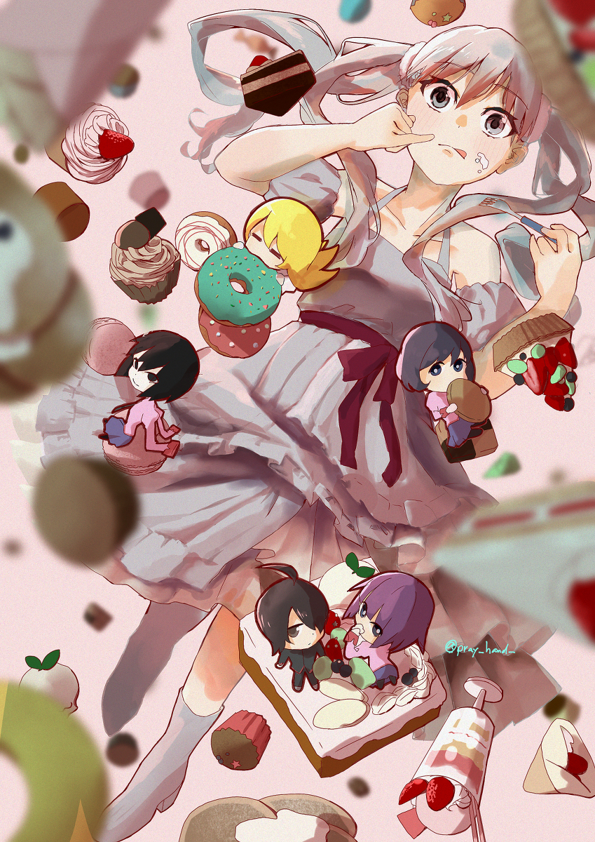 artist_name bakemonogatari cake chocolate doughnut dress eating food highres looking_at_viewer monogatari_(series) naoetsu_high_school_uniform oikura_sodachi owarimonogatari playhandwith school_uniform silver_hair twintails white_dress