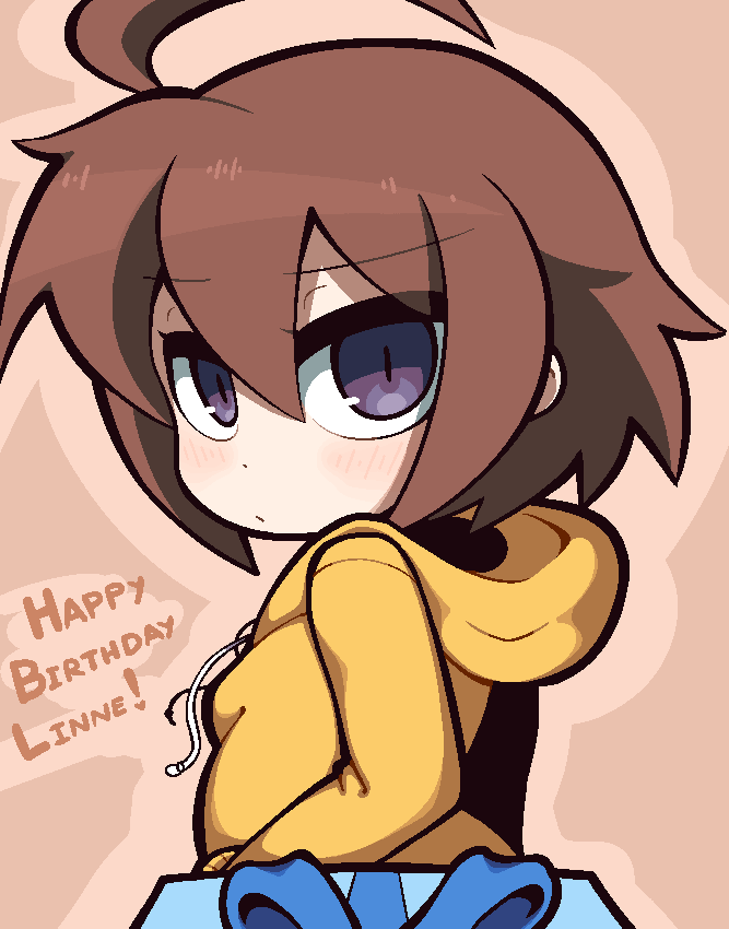 ahoge average-hanzo bangs birthday blue_bow blue_ribbon blush bob_cut bow box breasts brown_background brown_hair chibi commentary english_commentary english_text expressionless gift giving hair_between_eyes hood hood_down linne looking_at_viewer looking_back ribbon short_hair small_breasts tsurime under_night_in-birth upper_body violet_eyes yellow_hood