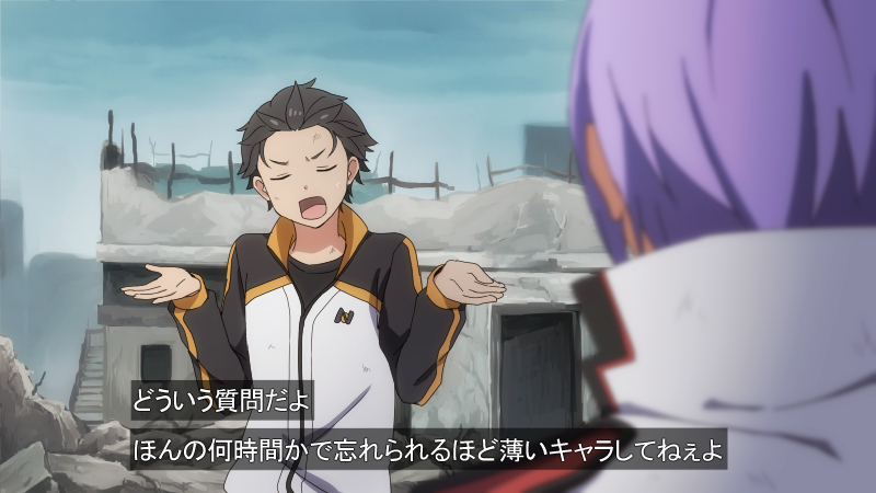 2boys black_hair closed_eyes fake_screenshot hair_slicked_back hands_up julius_juukulius multiple_boys natsuki_subaru official_style purple_hair re:zero_kara_hajimeru_isekai_seikatsu rubble shake_sawa short_hair solo_focus spoilers subtitled track_suit translation_request