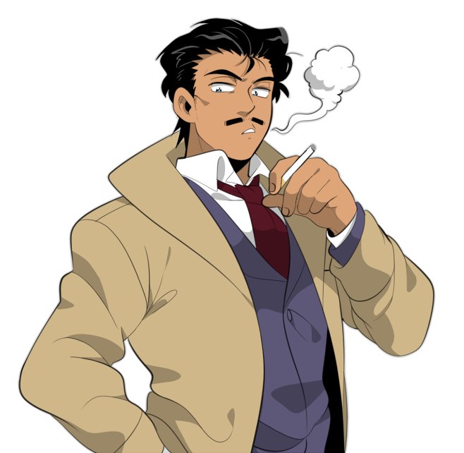 1boy black_hair brown_coat cigarette coat collared_shirt cowboy_shot dark_skin dark_skinned_male facial_hair hand_in_pocket holding holding_cigarette jacket long_sleeves looking_at_viewer male_focus meitantei_conan moosopp mouri_kogoro mustache necktie open_clothes open_coat red_neckwear shirt short_hair simple_background smoke smoking solo symbol_commentary upper_body white_background white_shirt