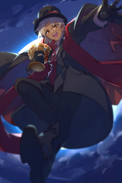 1boy amakusa_shirou_(fate) bangs black_coat black_gloves black_headwear black_pants black_suit brown_eyes chalice cis05 coat dark_skin dark_skinned_male fate_(series) formal gloves hat long_sleeves looking_at_viewer monocle night night_sky open_mouth pants parted_bangs sash short_hair sky smile suit top_hat white_hair