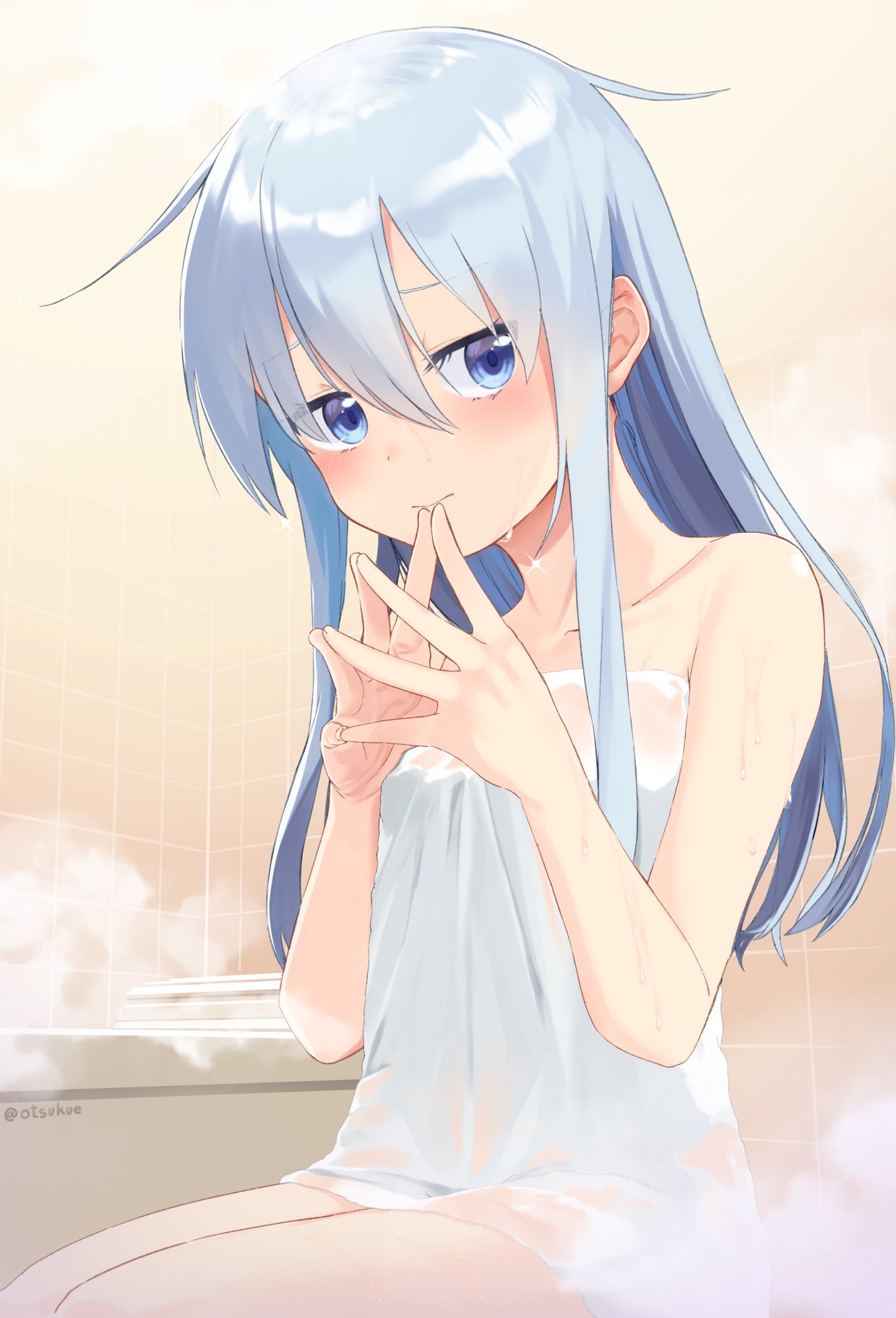 1girl bathtub blue_eyes blush closed_mouth collarbone dx_(dekusu) eyebrows_visible_through_hair hair_between_eyes hibiki_(kancolle) highres kantai_collection long_hair see-through silver_hair solo steam tile_wall tiles twitter_username wet wet_clothes