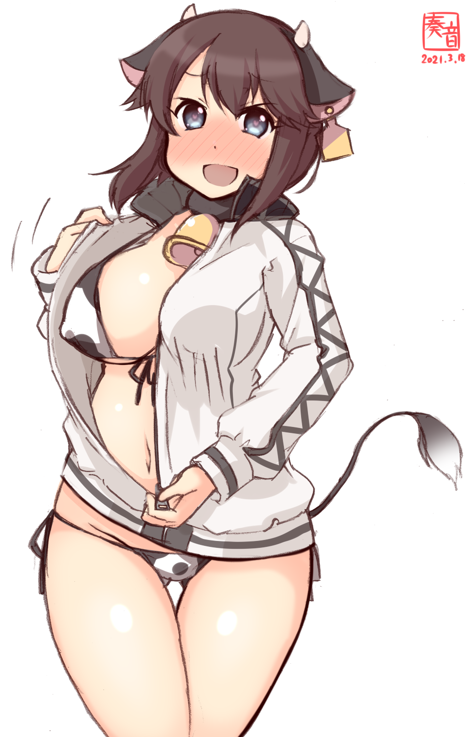 1girl alternate_costume animal_ears animal_print artist_logo ass_visible_through_thighs bikini black_hair blush breasts commentary_request covered_nipples cow_ears cow_horns cow_print cow_tail cowboy_shot dated ear_tag fake_animal_ears fake_horns front-tie_top grey_eyes hayasui_(kancolle) heart heart-shaped_pupils highres horns jacket kanon_(kurogane_knights) kantai_collection large_breasts looking_at_viewer lowleg lowleg_bikini nose_blush one-hour_drawing_challenge open_clothes open_jacket short_hair side-tie_bikini simple_background solo swimsuit swimsuit_under_clothes symbol-shaped_pupils tail track_jacket white_background white_bikini white_jacket