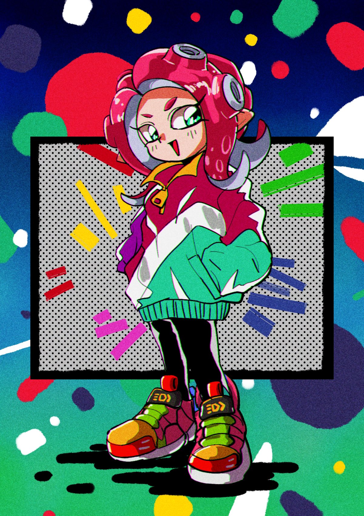 1990s_(style) 1girl black_pants full_body green_eyes green_jacket hands_in_pockets highres jacket multicolored multicolored_clothes multicolored_jacket octoling open_mouth pants pointy_ears potiri02 red_jacket redhead retro_artstyle shoes short_eyebrows smile sneakers solo splatoon_(series) standing tentacle_hair v-shaped_eyebrows white_jacket