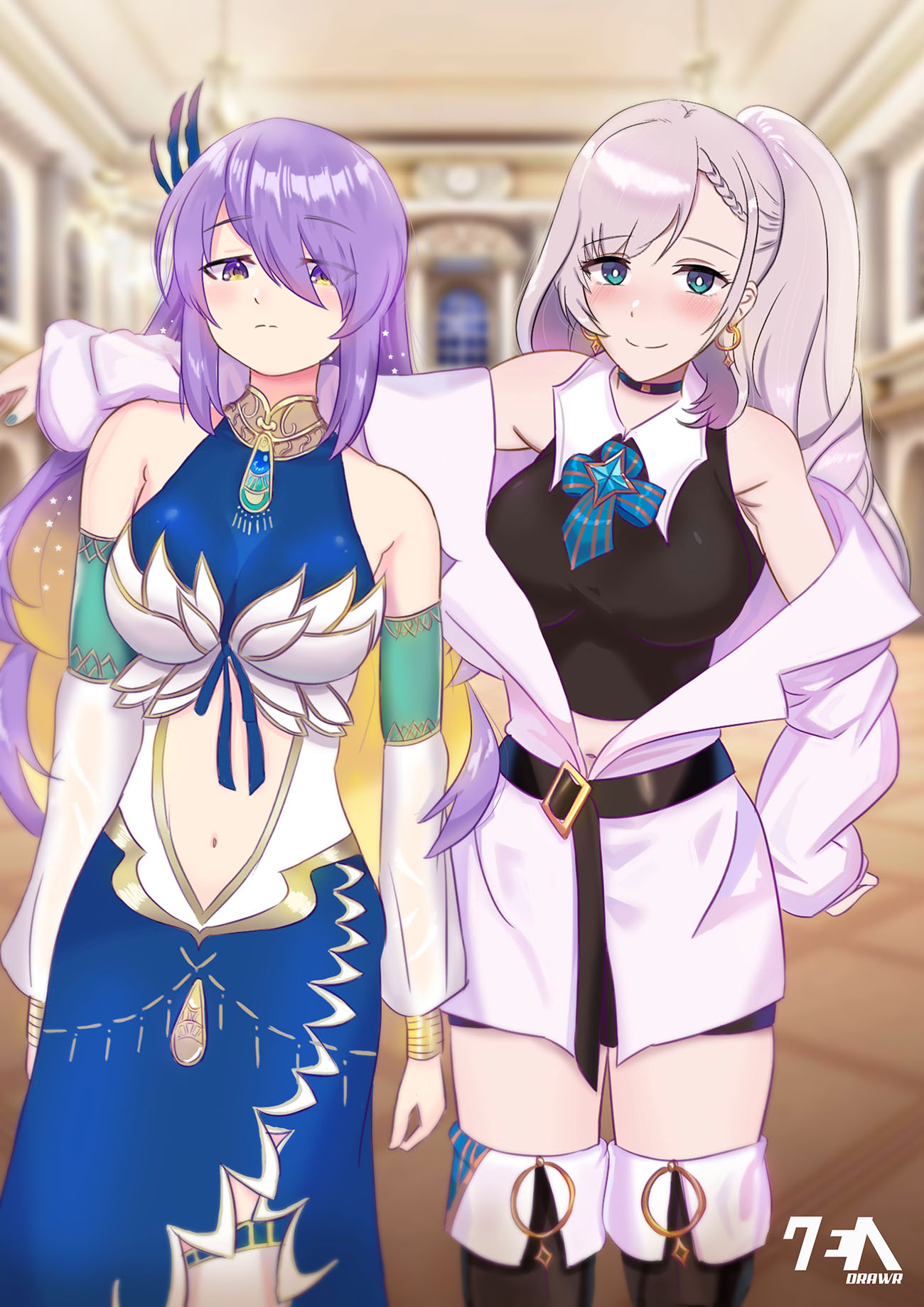 2girls arm_on_shoulder bangs blonde_hair blue_dress blue_eyes blue_nails blush boots braid breasts bright_pupils clenched_hand clothing_cutout colored_inner_hair cosplay costume_switch detached_sleeves dress earrings eyebrows_visible_through_hair feather_hair hair_between_eyes highres hololive hololive_indonesia jacket jewelry large_breasts long_hair looking_at_viewer looking_down moona_hoshinova moona_hoshinova_(cosplay) multicolored_hair multiple_girls navel off_shoulder ornament pavolia_reine pavolia_reine_(cosplay) purple_hair purple_jacket side_ponytail silver_hair smile stomach_cutout thigh-highs thigh_boots virtual_youtuber white_pupils zendrawr