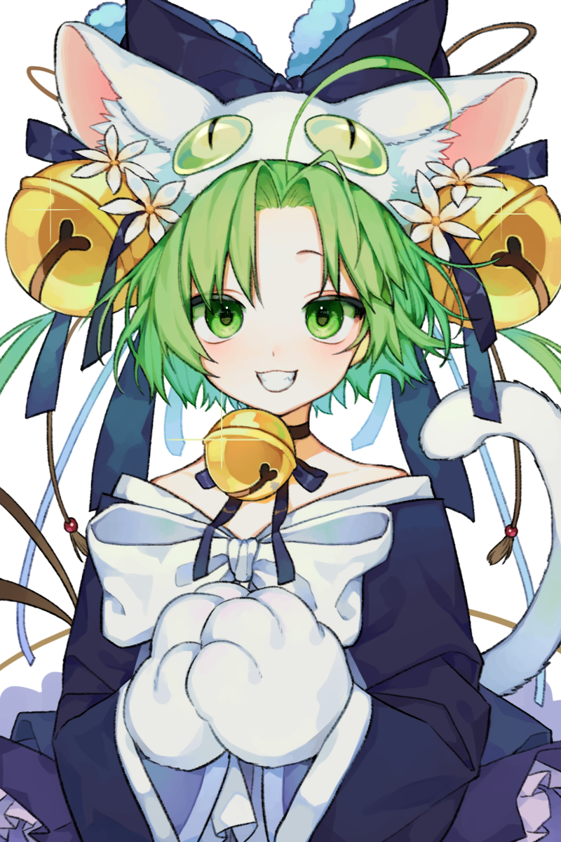 1girl ahoge animal_ear_fluff animal_ears animal_hat apron bangs bare_shoulders bell beul blue_bow blue_kimono blue_neckwear bow bowtie cat_ears cat_hat cat_paws choker close-up dejiko di_gi_charat flower_ornament green_eyes green_hair grin hair_bell hair_ornament hands_together hat highres japanese_clothes jingle_bell kimono long_sleeves loose_clothes neck_bell parted_bangs paws ribbon_choker short_hair simple_background smile solo teeth upper_body white_background white_neckwear