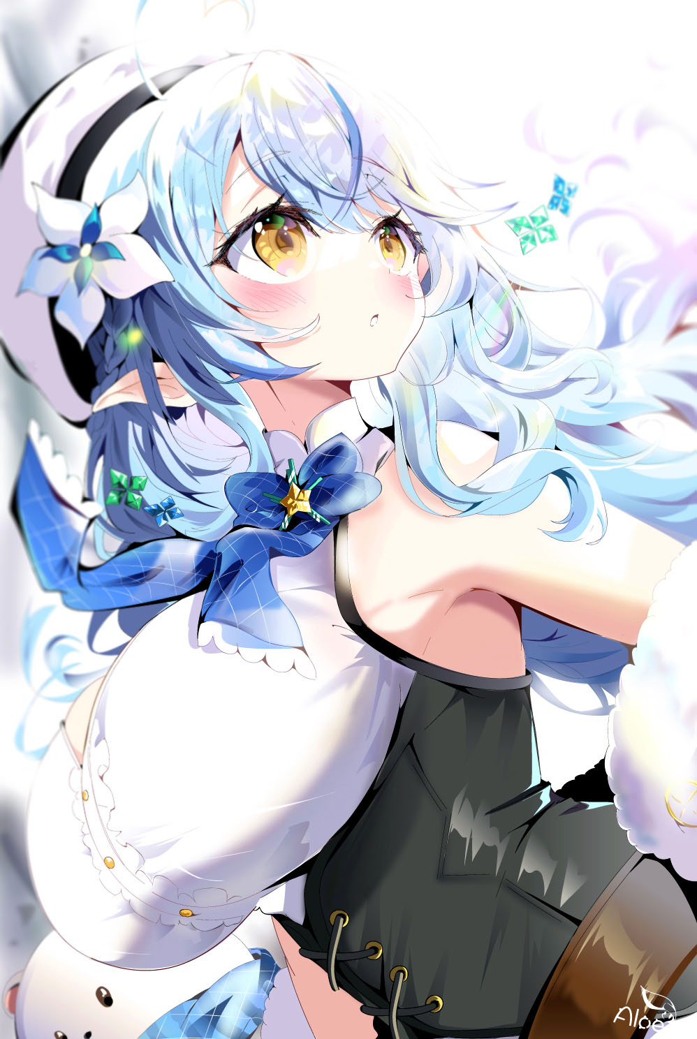 1girl ahoge aloe_(kenkou3733) armpit_peek bangs bare_shoulders belt beret black_corset blue_coat blue_hair blue_neckwear blush bow bowtie braid breasts brown_belt center_frills cleavage_cutout clothing_cutout coat corset daifuku_(yukihana_lamy) dutch_angle elf eyelashes flower frilled_shirt frills fur-trimmed_coat fur_trim hair_between_eyes hair_flower hair_ornament half_updo hat heart_ahoge highres hololive huge_breasts leather_belt long_hair looking_away looking_to_the_side multicolored_hair narrow_waist off_shoulder parted_lips pointy_ears shirt signature sleeveless sleeveless_shirt snowflake_hair_ornament solo streaked_hair underbust very_long_hair virtual_youtuber white_headwear white_shirt yellow_eyes yukihana_lamy