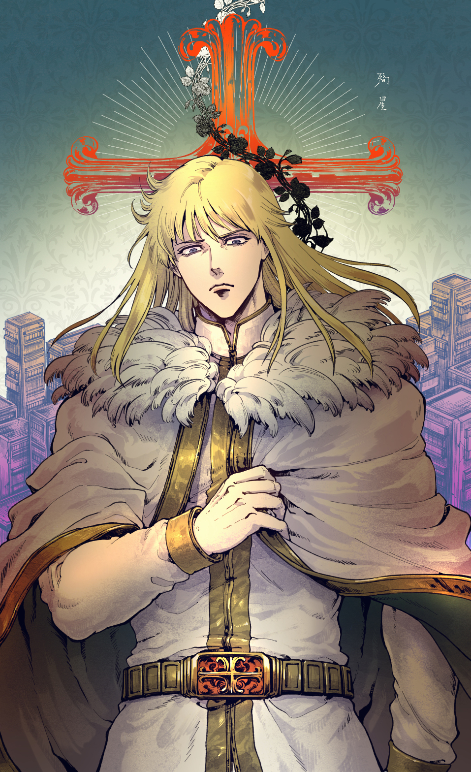 040shao 1boy bangs blonde_hair building cape closed_mouth commentary cowboy_shot cross fur-trimmed_cape fur_trim gold gold_belt highres hokuto_no_ken long_hair long_sleeves looking_at_viewer male_focus plant shin_(hokuto_no_ken) shirt solo sunburst vines violet_eyes white_cape white_shirt