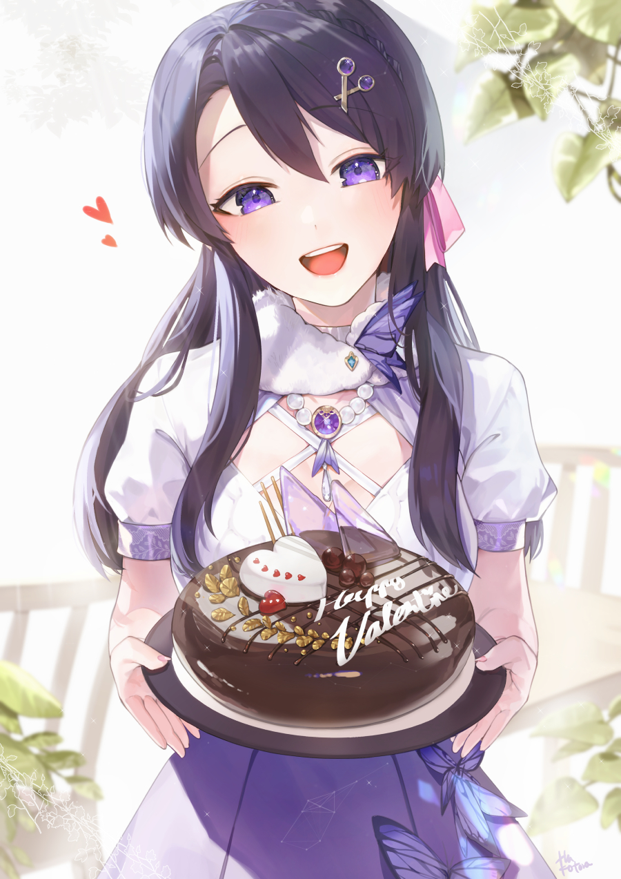 1girl :d amethyst_(gemstone) asymmetrical_bangs bangs bead_necklace beads black_hair blush breasts cake chocolate_cake cleavage_cutout clothing_cutout commentary_request day eyebrows_visible_through_hair food hair_ribbon highres holding holding_plate hu_kotora jewelry leaf long_hair looking_at_viewer medium_breasts necklace open_mouth original pink_nails pink_ribbon plate purple_skirt ribbon scarf shirt short_sleeves signature skirt smile solo teeth upper_teeth valentine violet_eyes white_scarf white_shirt