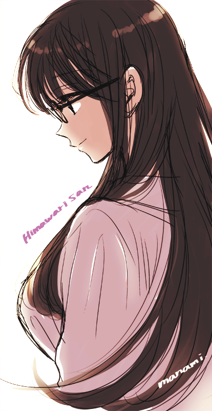 1girl bangs black-framed_eyewear black_eyes black_hair breasts character_name closed_mouth commentary_request copyright_name cropped_torso eyebrows_visible_through_hair glasses himawari-san himawari-san_(character) large_breasts long_hair long_sleeves looking_down looking_to_the_side pink_shirt shirt signature simple_background sketch smile solo sugano_manami upper_body white_background