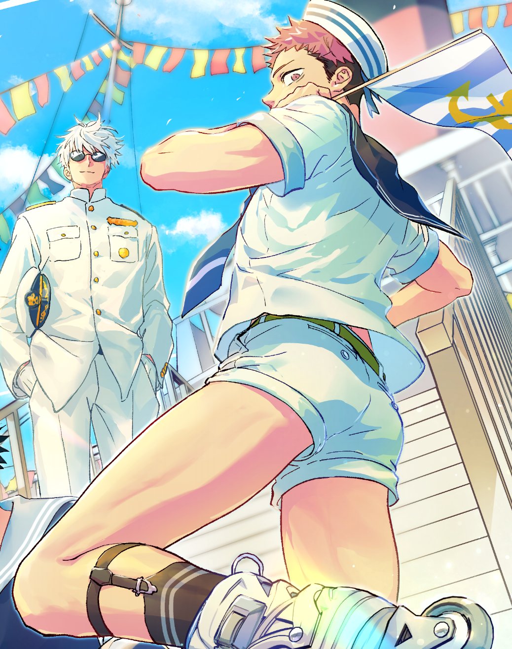 3boys bangs black_hair boat clouds cropped denim denim_shorts flag fushiguro_megumi gojou_satoru hat hat_removed headwear_removed highres itadori_yuuji juju_net jujutsu_kaisen male_focus military military_uniform multicolored_hair multiple_boys naval_uniform out_of_frame outdoors roller_skates sailor sailor_collar sailor_hat sailor_shirt shirt shorts sitting skates smile standing sunglasses uniform watercraft white_hair