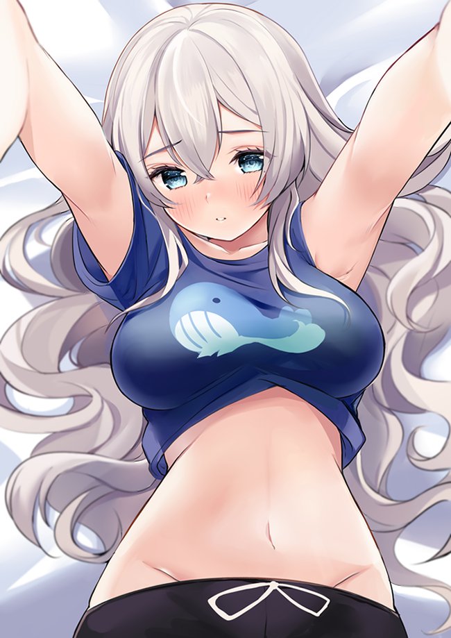1girl armpits blue_eyes blue_shirt breasts crop_top groin hair_between_eyes large_breasts long_hair looking_at_viewer midriff mole mole_under_eye navel original outstretched_arms parted_lips ry_thae sanyu_(ry_thae) shirt short_sleeves silver_hair solo stomach upper_body wavy_hair