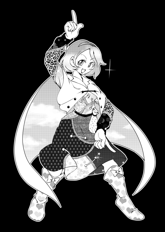 1girl animal_print bow cape cloak dress full_body greyscale heart heart_print imijikumo36 leopard_print monochrome open_mouth patchwork_clothes short_hair sky_print tenkyuu_chimata touhou two-tone_cape zipper