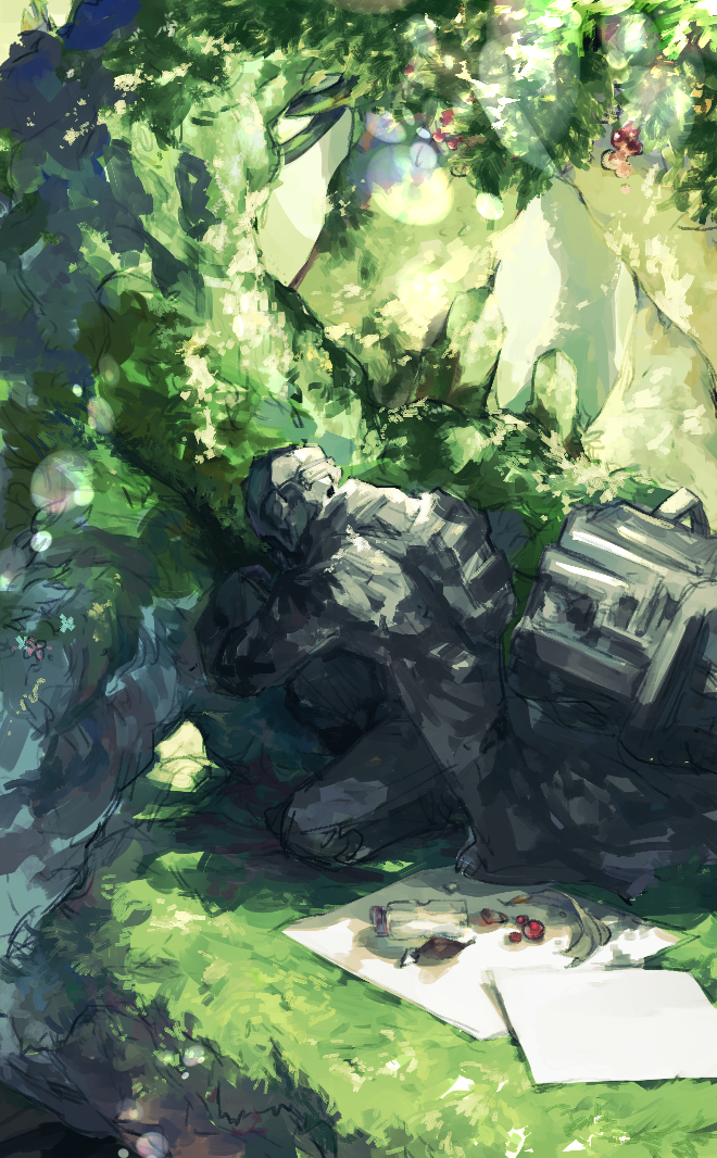 1boy backpack bag berry black_coat black_headwear black_pants bondrewd bottle chikichi coat commentary_request day from_side full_body grass green_theme helmet leaf lens_flare long_sleeves made_in_abyss male_focus moss one_knee outdoors pants paper scenery solo tree trench_coat