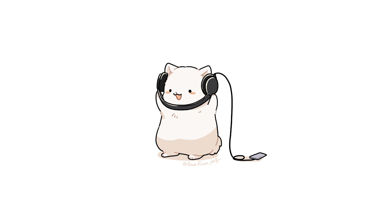 :3 animal animal_focus artist_name black_eyes blush_stickers digital_media_player dog fluffy fuwa_fuwa_dog headphones no_humans open_mouth original shadow simple_background solid_circle_eyes solo standing twitter_username white_background