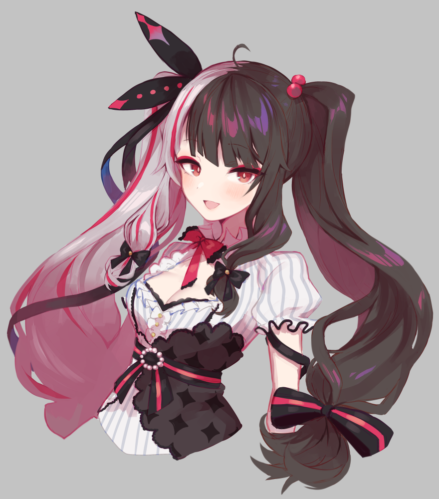 1girl :d ahoge black_hair black_ribbon commentary_request cropped_torso dress grey_background grey_hair hair_bobbles hair_ornament hair_ribbon looking_at_viewer multicolored_hair nijisanji open_mouth oshiruko_(tsume) puffy_short_sleeves puffy_sleeves red_eyes redhead ribbon short_sleeves simple_background smile solo streaked_hair striped two-tone_hair upper_body vertical-striped_dress vertical_stripes virtual_youtuber white_dress yorumi_rena