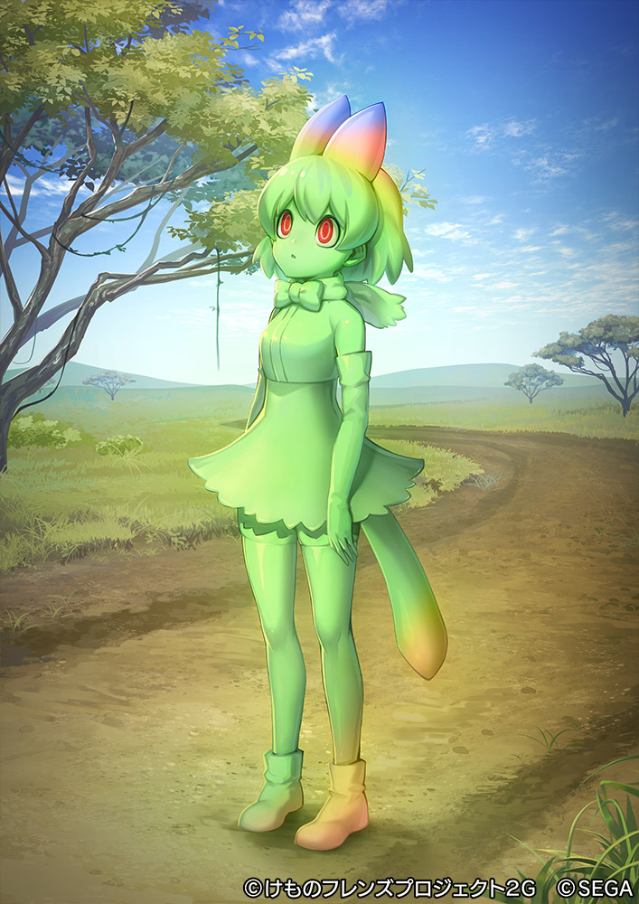 1girl animal_ears bare_shoulders blonde_hair blue_sky bow bowtie cellval colored_skin commentary_request ctake02 dirt_road elbow_gloves eyebrows_visible_through_hair gloves grass green_gloves green_hair green_legwear green_neckwear green_shirt green_skin green_skirt high-waist_skirt kemono_friends kemono_friends_3 multicolored_hair official_art red_eyes road serval_ears serval_tail shirt short_hair skirt sky sleeveless solo tail thigh-highs tree zettai_ryouiki