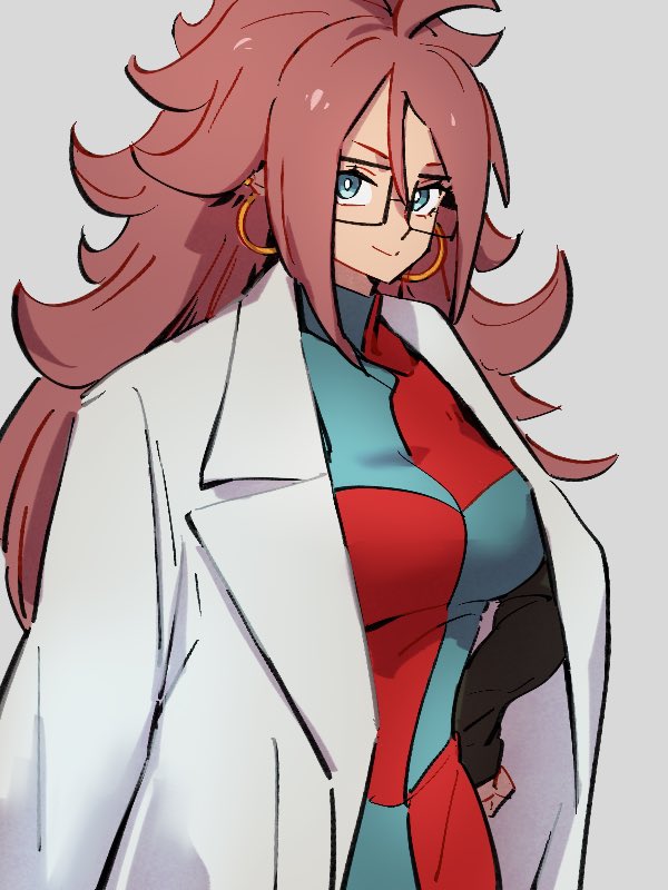 1girl android_21 checkered checkered_dress dragon_ball dragon_ball_fighterz dress glasses grey_background kemachiku labcoat long_hair looking_at_viewer redhead simple_background solo