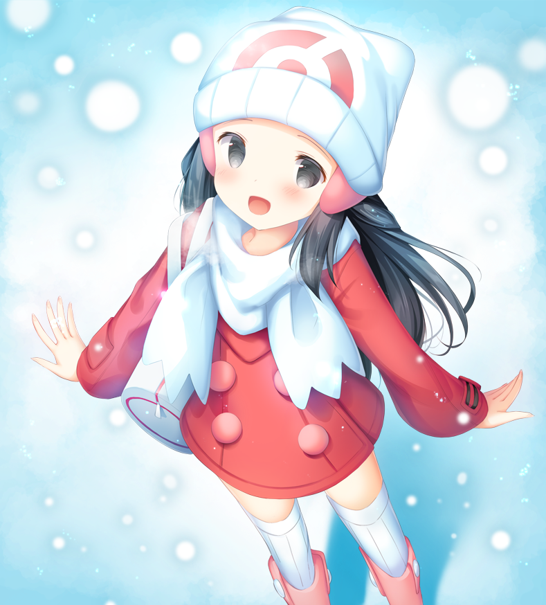 1girl bag beanie black_hair blush boots coat commentary_request hikari_(pokemon) duffel_bag eyelashes from_above grey_eyes hair_ornament hairclip hat kamowasa long_hair long_sleeves looking_at_viewer looking_up open_mouth pink_footwear pokemon pokemon_(game) pokemon_dppt pokemon_platinum red_coat scarf smile solo thigh-highs tongue white_bag white_headwear white_legwear white_scarf