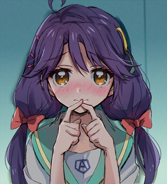 1girl a against_wall ahoge aozora_middle_school_uniform aqua_sailor_collar blouse blush bow brown_eyes close-up embarrassed eru eyebrows_visible_through_hair face fingers_together hair_bow hair_ornament hairclip half-closed_eyes hands_up heart heart_in_eye index_fingers_together long_hair looking_at_viewer low-tied_long_hair low_twintails multiple_hair_bows nose_blush precure purple_hair raised_eyebrows red_bow school_uniform shadow sketch solo suzumura_sango symbol_in_eye triangle_hair_ornament tropical-rouge!_precure twintails upper_body white_blouse