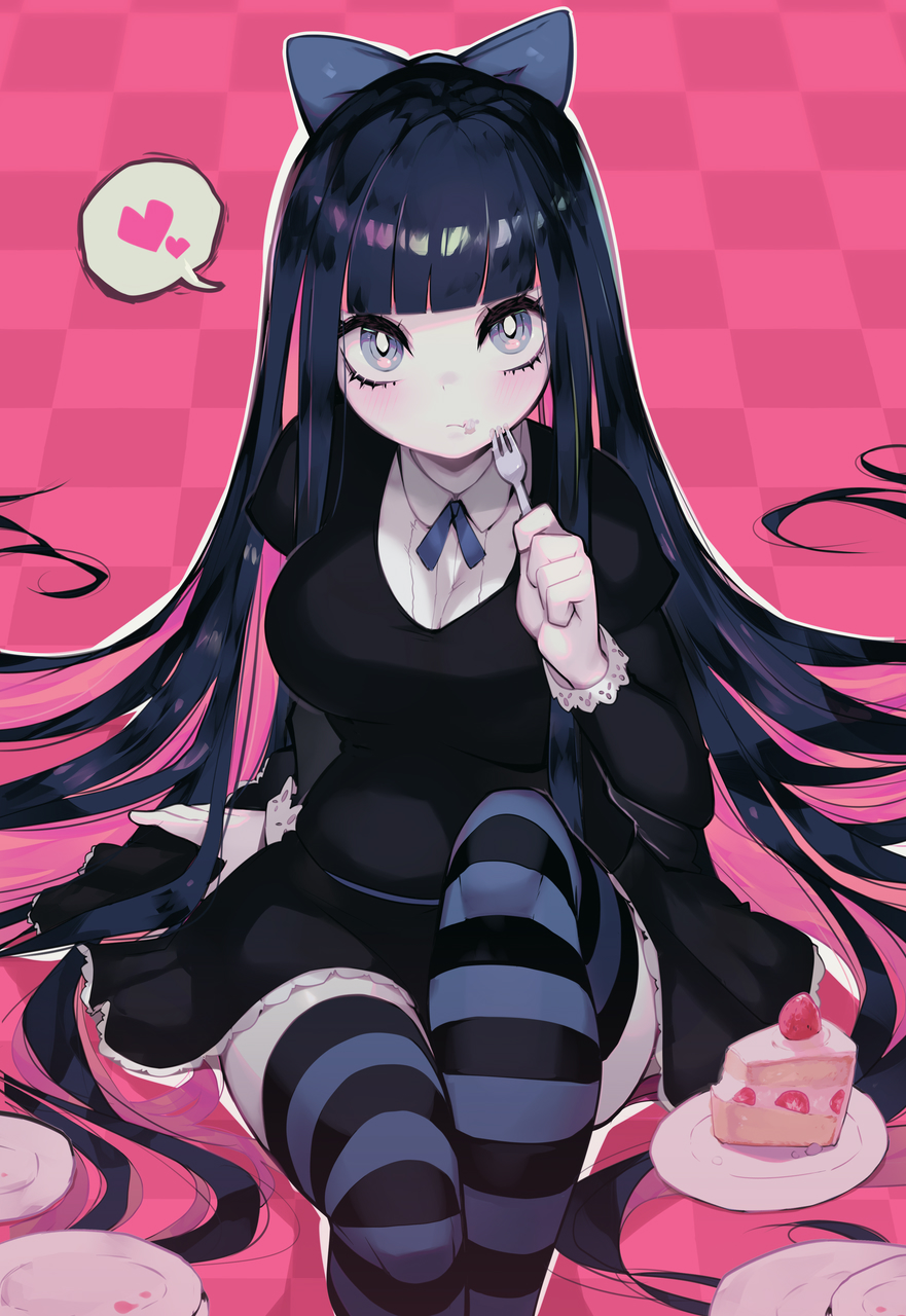 1girl arm_support bangs black_dress bow breasts colored_inner_hair dress english_commentary food fork hair_bow heart highres holding holding_fork knee_up long_hair multicolored_hair pale_skin panty_&amp;_stocking_with_garterbelt parororo pink_hair plate shiny shiny_hair solo spoken_heart stocking_(psg) strawberry_shortcake striped striped_legwear thigh-highs two-tone_hair