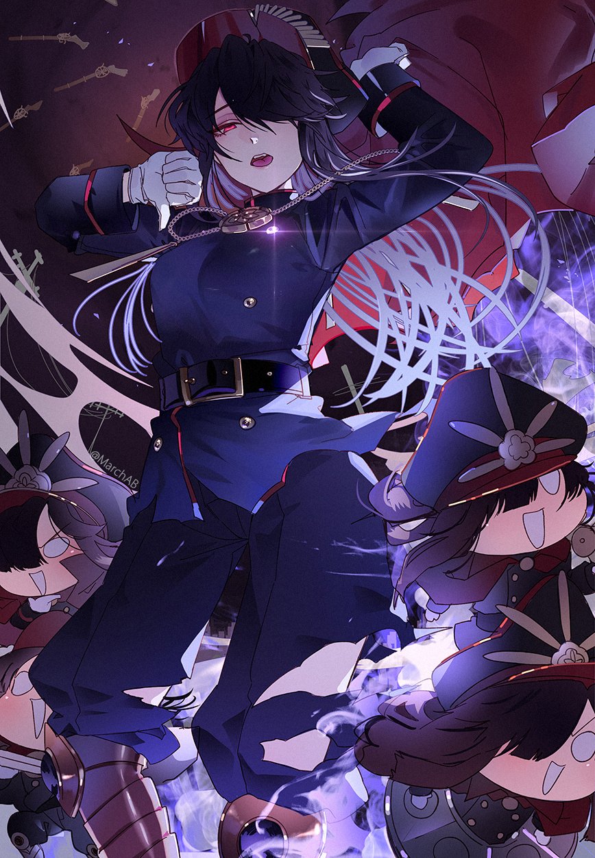 1girl black_hair black_jacket black_pants boots cape fate/grand_order fate_(series) gloves gun hair_over_one_eye hat highres jacket leather_belt long_hair long_sleeves looking_at_viewer march_ab metal_boots military military_hat military_uniform musket oda_nobunaga_(fate) oda_nobunaga_(fate)_(all) open_mouth pants red_cape red_eyes thumbs_down torn_clothes torn_pants twitter_username uniform weapon white_gloves