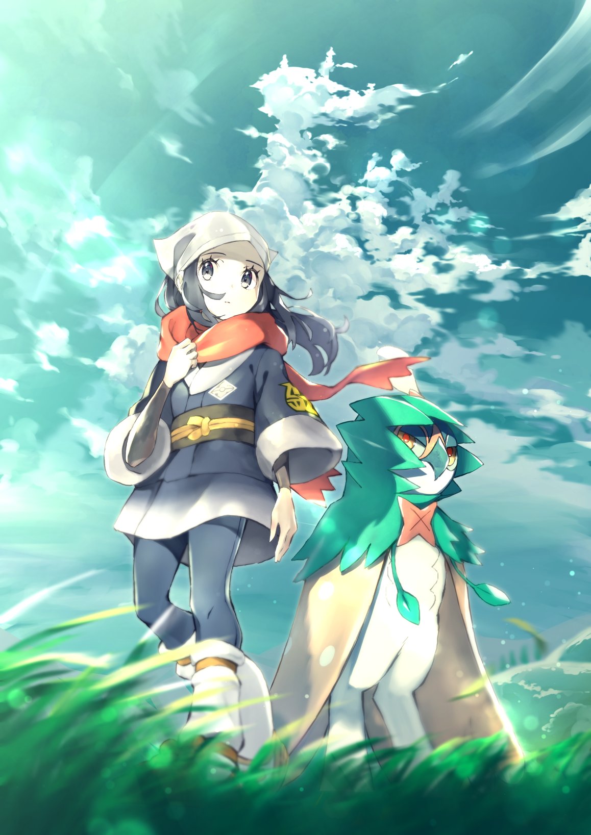1girl arm_at_side black_hair closed_mouth clouds commentary_request day decidueye eyelashes female_protagonist_(pokemon_legends:_arceus) floating_hair floating_scarf gen_7_pokemon grass grey_eyes hand_up head_scarf highres knees long_hair outdoors pantyhose pokemon pokemon_(creature) pokemon_(game) pokemon_legends:_arceus ponytail red_scarf rindoriko sash scarf sky socks standing white_headwear white_legwear