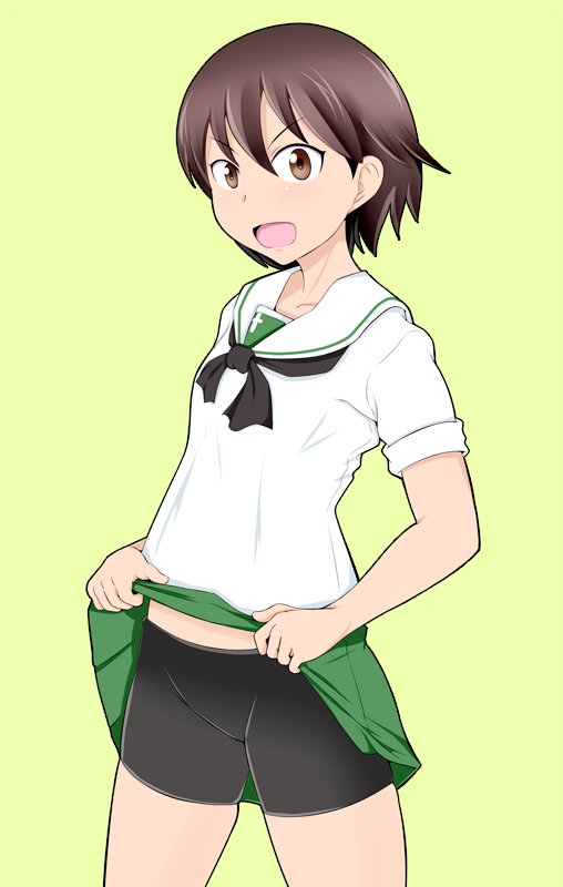 1girl bangs bike_shorts black_neckwear black_shorts blouse brown_eyes brown_hair cowboy_shot girls_und_panzer green_background green_skirt groin isobe_noriko lifted_by_self looking_at_viewer miniskirt neckerchief ooarai_school_uniform open_mouth pleated_skirt sailor_collar school_uniform serafuku short_hair short_sleeves shorts shorts_under_skirt simple_background skirt smile solo tanaka_rikimaru white_blouse white_sailor_collar