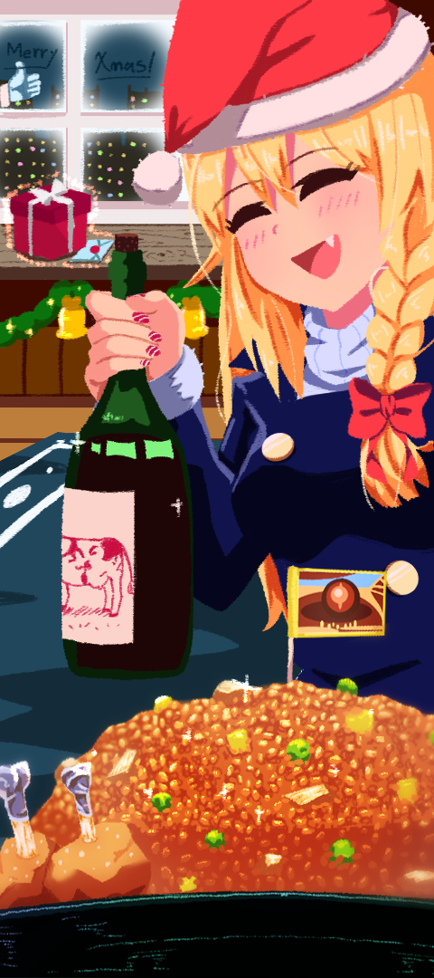 1girl bangs bell black_jacket blonde_hair blush bottle bow braid breasts chicken_(food) christmas city_lights closed_eyes commentary_request cookie_(touhou) cow eyebrows_visible_through_hair fang food gift hair_bow hat holding holding_bottle indoors jacket kirisame_marisa letter long_hair long_sleeves medium_breasts open_mouth painting_(object) peas psychic_parrot red_bow rei_(cookie) rice santa_hat side_braid single_braid solo toono_(coat) touhou turtleneck upper_body window wine_bottle yajuu_senpai