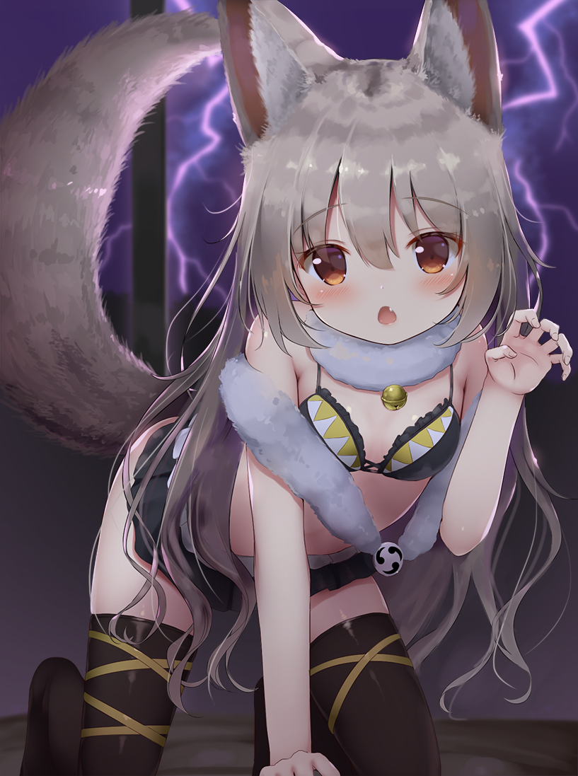 1girl all_fours animal_ear_fluff animal_ears arm_up bell bikini bikini_top black_legwear black_skirt breasts brown_eyes brown_hair claw_pose commission dog_ears dog_tail electricity fang fur_collar indoors jingle_bell lightning long_hair looking_at_viewer microskirt night original pixiv_request psyche3313 skirt small_breasts solo swimsuit tail thigh-highs thighs window