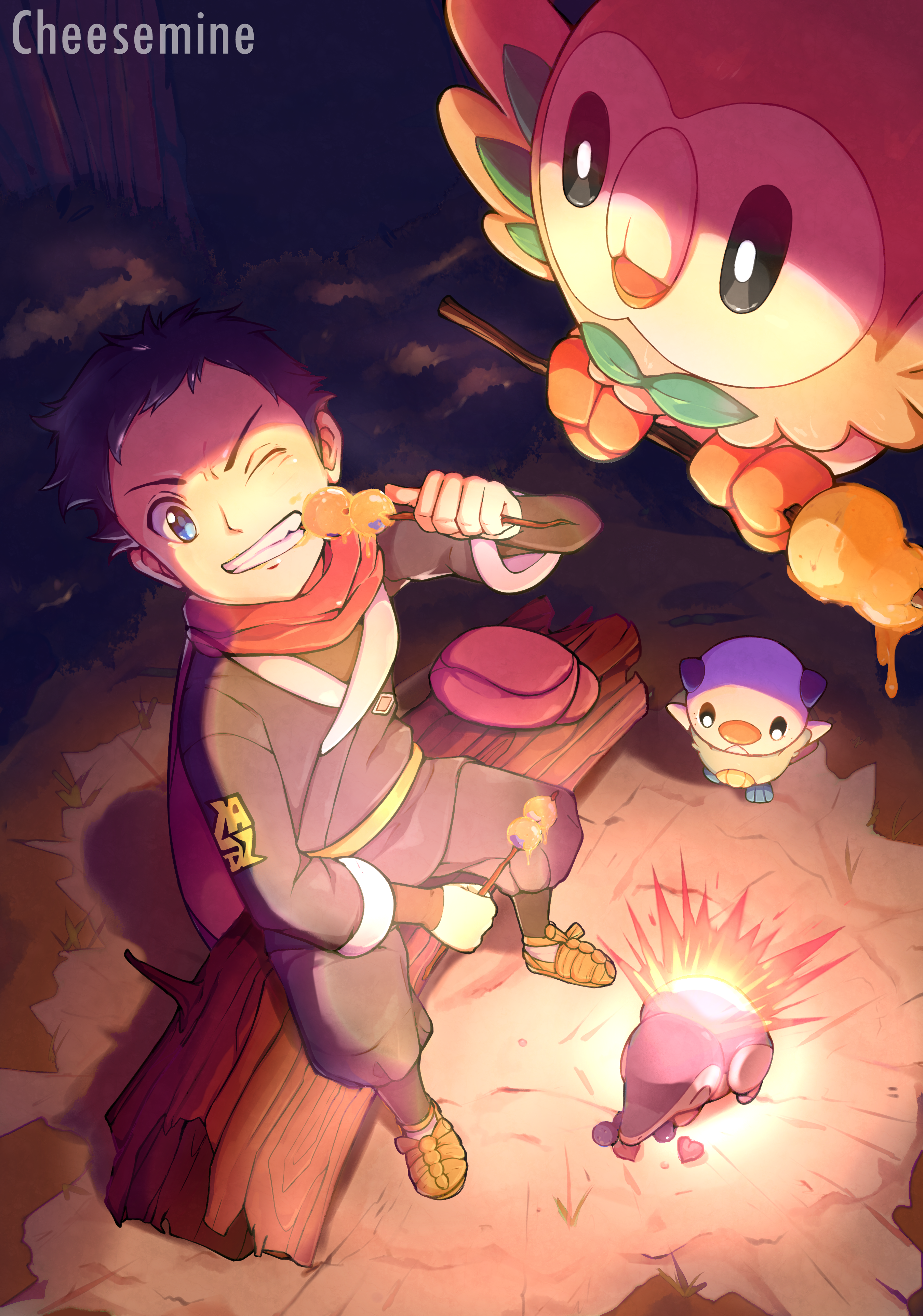 Safebooru 1boy Absurdres Artist Name Blue Eyes Bush Cheesemine Clenched Teeth Commentary Cyndaquil Eating English Commentary Fire Gen 2 Pokemon Gen 5 Pokemon Gen 7 Pokemon Hat Hat Removed Headwear Removed