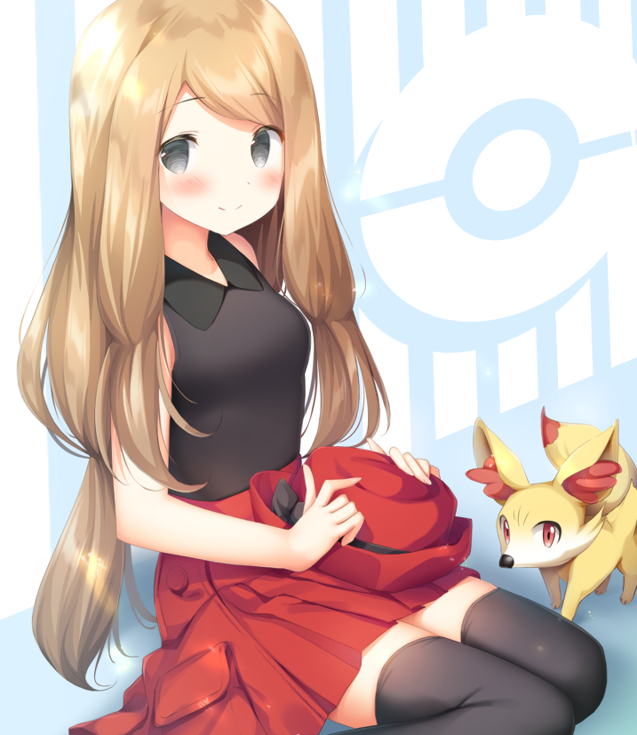 1girl bare_arms black_legwear blonde_hair blush closed_mouth collared_shirt commentary_request eyebrows_visible_through_hair fennekin gen_6_pokemon grey_eyes hat holding holding_clothes holding_hat kamowasa looking_at_viewer pleated_skirt poke_ball_symbol pokemon pokemon_(creature) pokemon_(game) pokemon_xy red_headwear red_skirt serena_(pokemon) shirt sitting skirt sleeveless sleeveless_shirt smile starter_pokemon thigh-highs