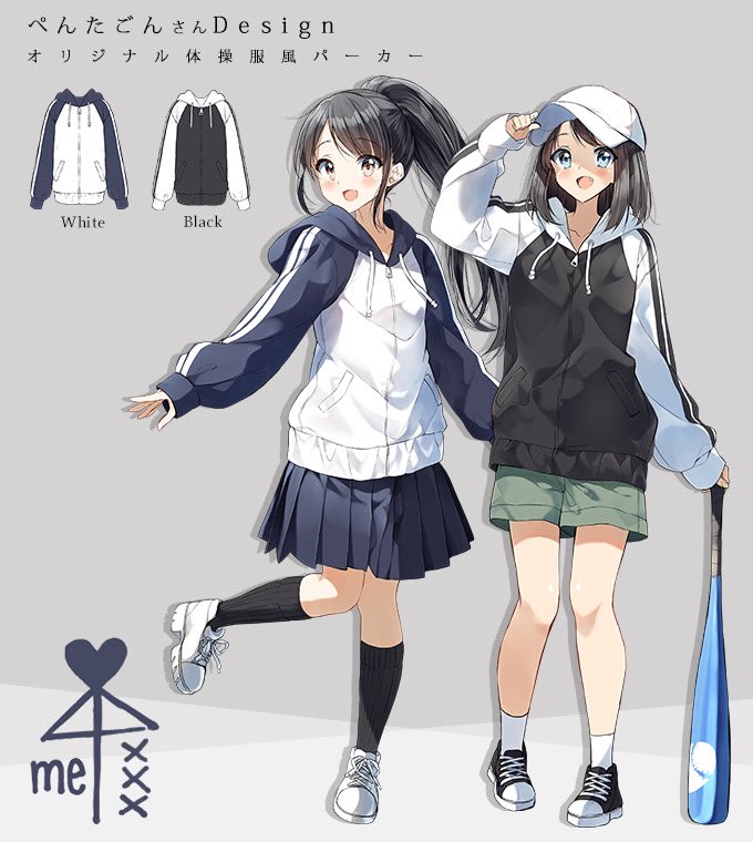 2girls :d ai_ai_gasa arm_up bangs baseball_bat baseball_cap black_footwear black_hair black_jacket black_legwear black_skirt blue_eyes blush brown_eyes commentary_request drawstring eyebrows_visible_through_hair fang green_shorts hand_on_headwear hat hood hood_down hooded_jacket jacket kneehighs long_hair long_sleeves metal_baseball_bat multiple_girls open_mouth original pentagon_(railgun_ky1206) pleated_skirt ponytail puffy_long_sleeves puffy_sleeves shoes short_shorts shorts skirt sleeves_past_wrists smile socks standing standing_on_one_leg swept_bangs translation_request very_long_hair white_footwear white_headwear white_jacket white_legwear