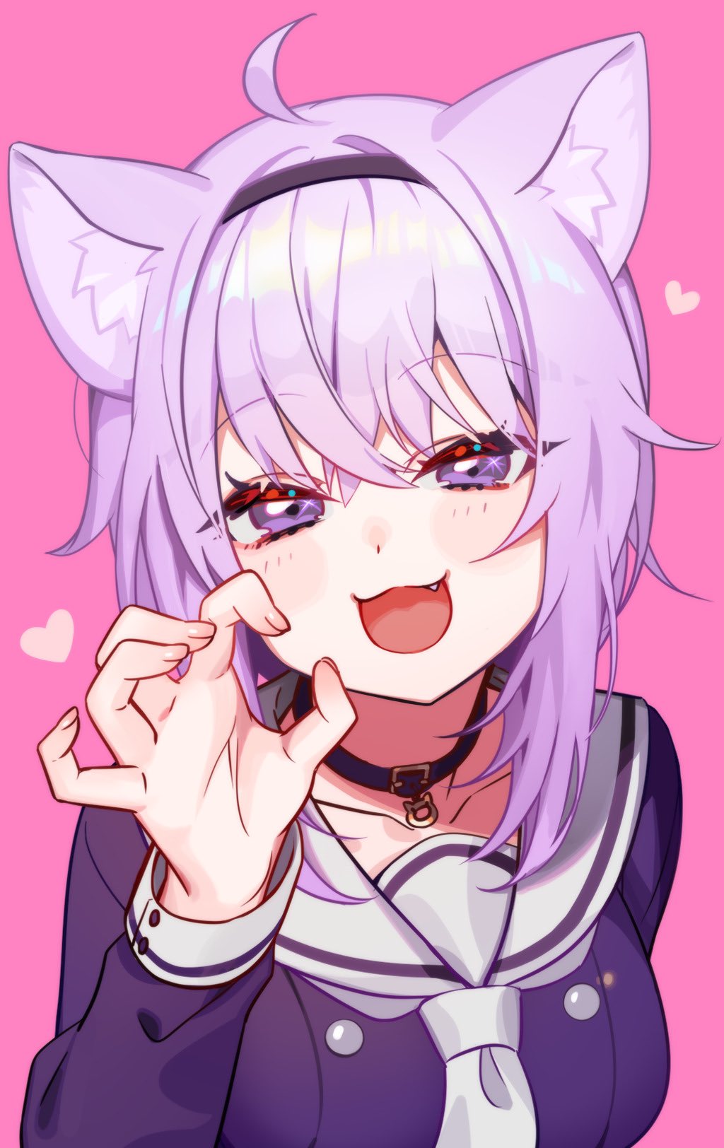 1girl :q ahoge animal_collar animal_ear_fluff animal_ears bangs black_collar black_hairband blush breasts buttons cat_ears cat_girl collar collarbone eyebrows_visible_through_hair fingernails hair_between_eyes hairband hand_gesture heart highres hololive long_sleeves looking_at_viewer neckerchief nekomata_okayu pink_background purple_hair sailor_collar school_uniform serafuku short_hair sidelocks smile solo tongue tongue_out violet_eyes virtual_youtuber white_neckwear white_sailor_collar yuura