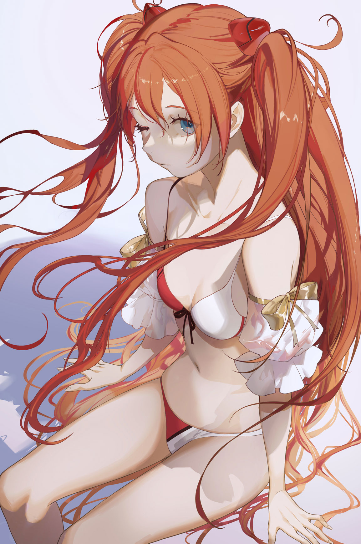 1girl bare_shoulders bikini blue_eyes breasts closed_mouth detached_sleeves floating_hair front-tie_bikini front-tie_top highres long_hair looking_at_viewer navel neon_genesis_evangelion one_eye_closed orange_hair salmon88 shadow simple_background sitting skindentation small_breasts solo souryuu_asuka_langley stomach string_bikini swimsuit thighs two-tone_bikini two_side_up very_long_hair white_background white_bikini