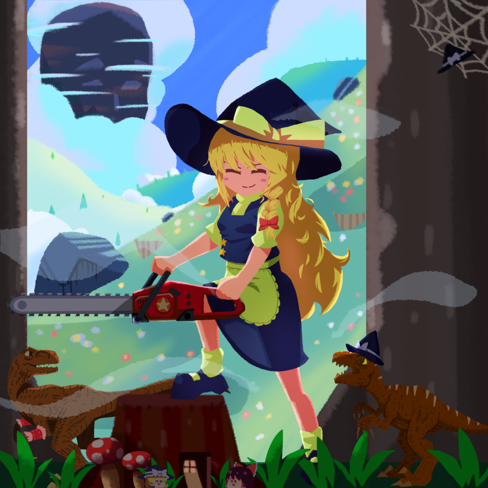 1girl apron bangs black_footwear black_skirt black_vest blonde_hair blouse bow braid chainsaw closed_eyes closed_mouth clouds commentary_request cookie_(touhou) day dinosaur flower forest frilled_bow frills full_body grass hair_between_eyes hair_bow hakurei_reimu hat hat_bow hill holding_chainsaw kirisame_marisa long_hair looking_at_viewer mary_janes mushroom nature outdoors psychic_parrot red_bow red_flower shoes side_braid silk single_braid skirt smile socks spider_web standing star_(symbol) suzu_(cookie) touhou tree tree_stump velociraptor very_long_hair vest waist_apron white_apron white_blouse white_bow white_flower white_legwear witch_hat yukkuri_shiteitte_ne