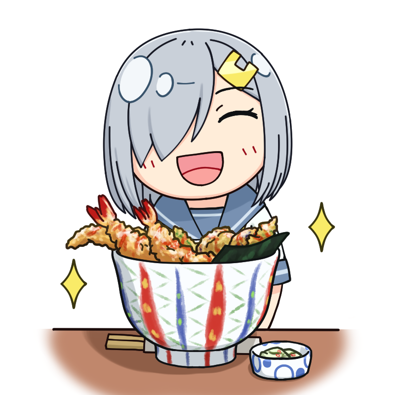 1girl bowl chibi chopsticks closed_eyes commentary_request facing_viewer food grey_sailor_collar hair_ornament hair_over_one_eye hairclip hamakaze_(kancolle) hamatsu! kantai_collection sailor_collar school_uniform serafuku short_hair silver_hair simple_background smile solo sparkle tempura upper_body white_background