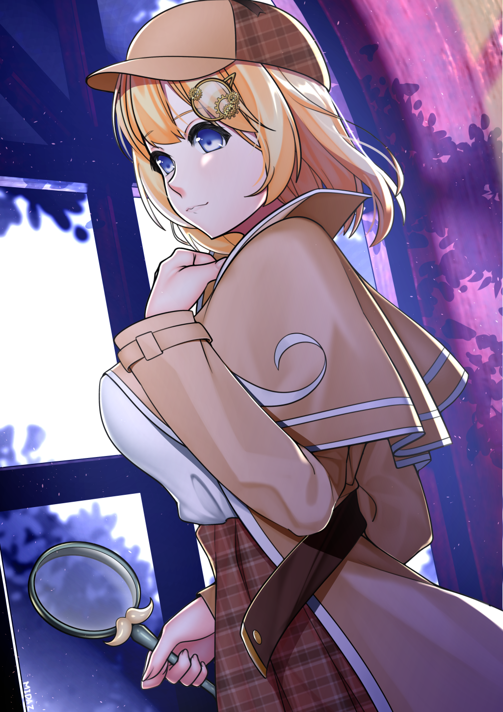 1girl blonde_hair blue_eyes breasts capelet dutch_angle from_below from_side handsofmidaz hat highres hololive hololive_english jacket large_breasts magnifying_glass plaid plaid_skirt short_hair skirt solo virtual_youtuber watson_amelia