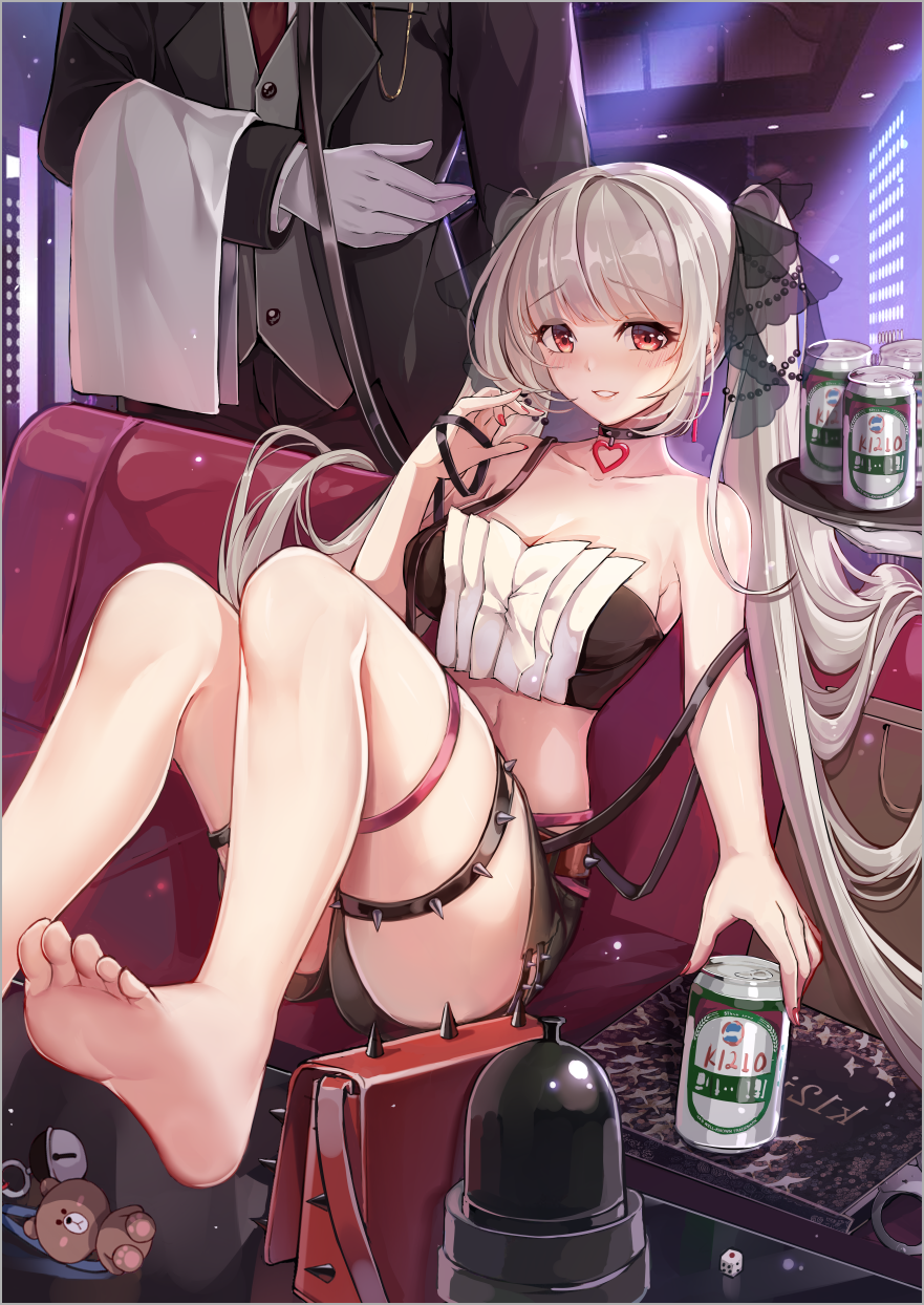 1boy 1girl alternate_costume artist_name azur_lane bag beer_can black_choker black_jacket black_shorts butler can choker eyebrows_visible_through_hair feet formidable_(azur_lane) gloves hair_ribbon handbag head_out_of_frame heart heart_choker highres holding holding_tray indoors jacket k12io legs long_hair looking_at_viewer midriff nail_polish necktie platinum_blonde_hair red_bag red_eyes red_nails red_neckwear ribbon see-through shorts sleeveless spiked_bag spiked_thighlet strapless thigh_strap tray twintails very_long_hair white_gloves