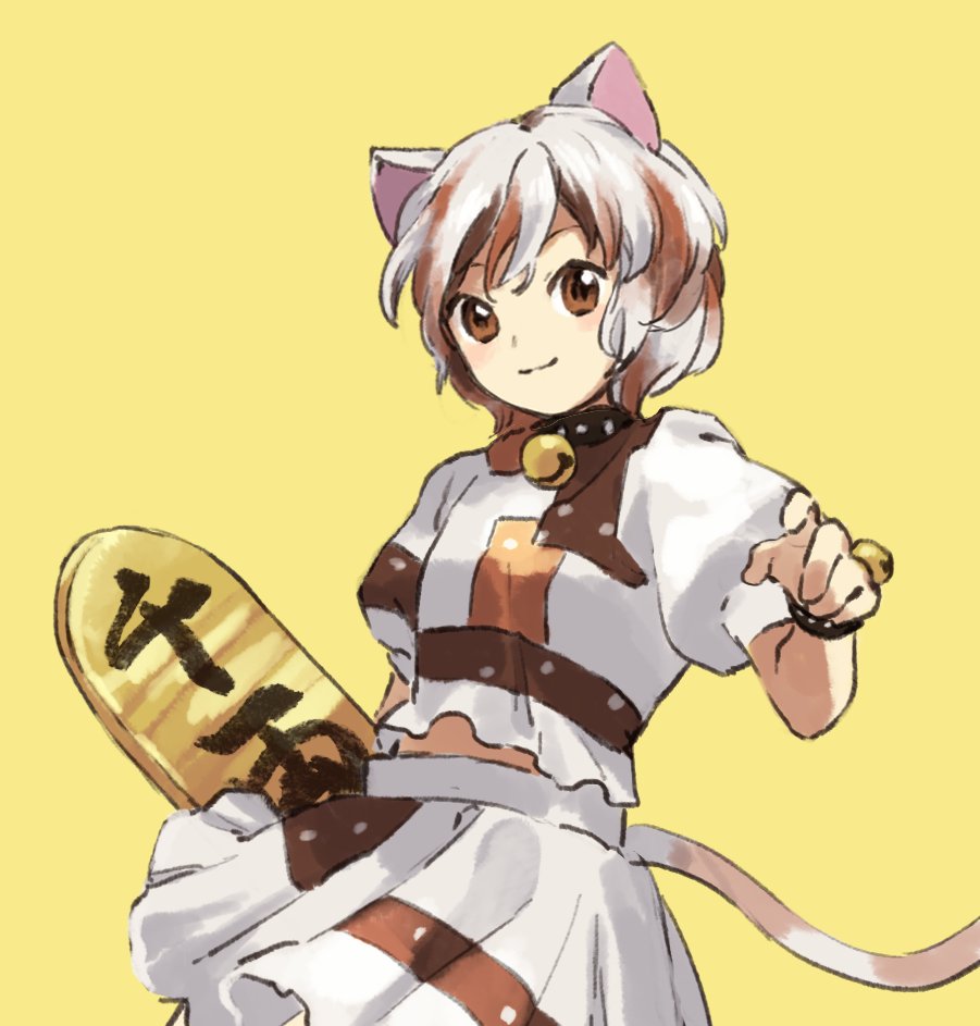 1girl animal_ears ankleband bell brown_eyes cat_ears cat_tail cowboy_shot gold kaigen_1025 koban_(gold) looking_at_viewer maneki-neko midriff multicolored multicolored_shirt multicolored_tail neck_bell patches puffy_short_sleeves puffy_sleeves short_hair short_sleeves skirt smile tail touhou unnamed_cat_girl_(touhou) yellow_background