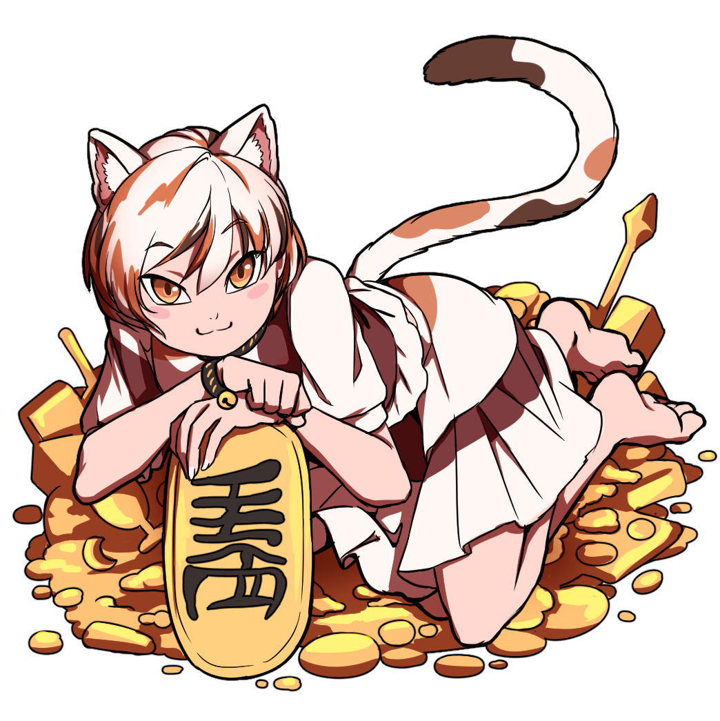1girl :3 animal_ears barefoot bell blush brown_hair calico cat_ears cat_girl cat_tail eyebrows_visible_through_hair gold jingle_bell koban_(gold) looking_at_viewer mefomefo multicolored_hair orange_eyes short_hair simple_background solo tail touhou two-tone_hair unconnected_marketeers white_background white_hair