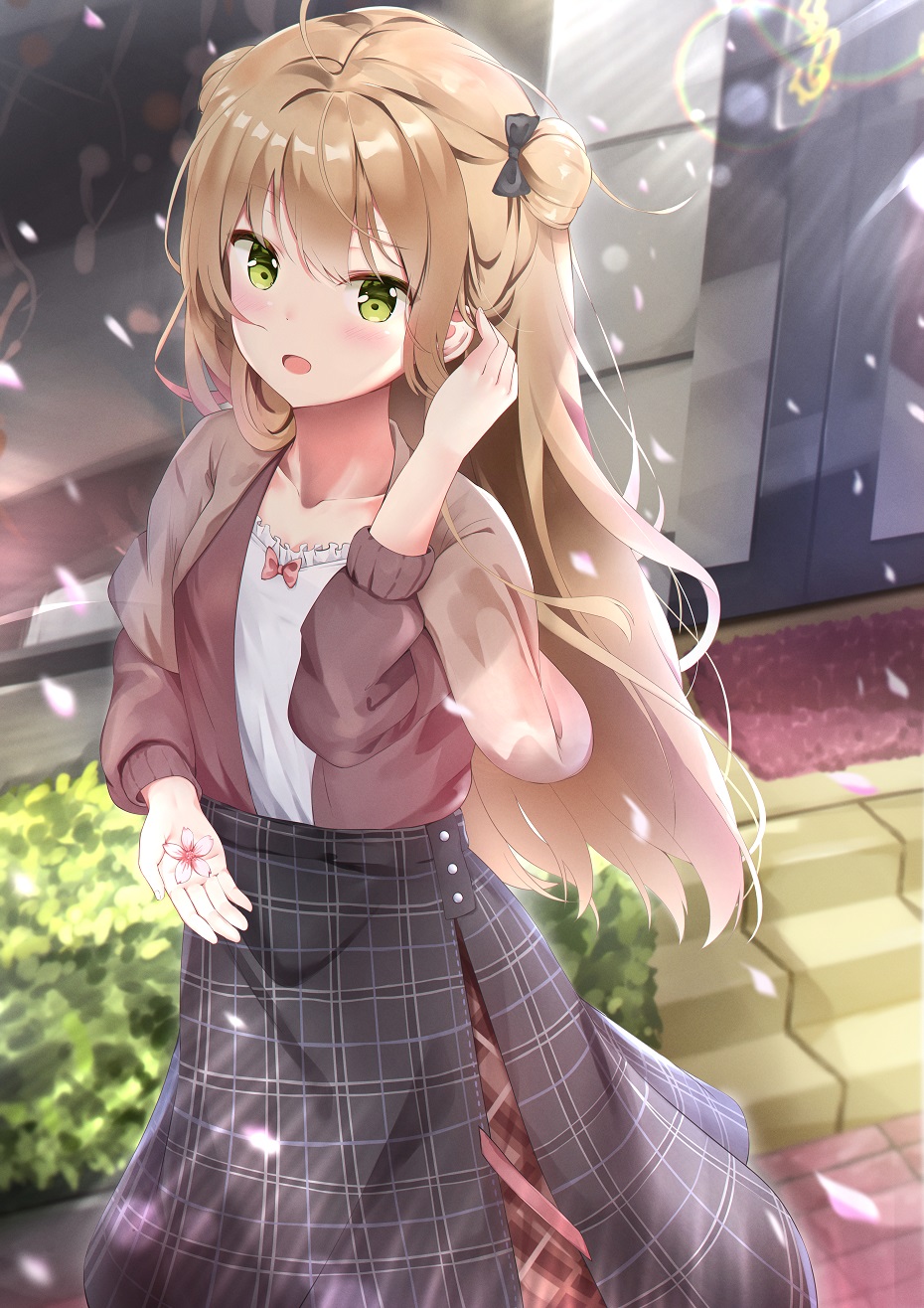 1girl :o ahoge arm_up bangs black_bow black_skirt blush bow brown_capelet brown_hair brown_jacket bush commentary_request day door double_bun flower girls_frontline green_eyes hair_bow highres holding holding_flower jacket long_hair long_skirt long_sleeves looking_at_viewer outdoors petals pink_flower pleated_skirt rfb_(girls_frontline) shirt skirt solo stairs standing u.b_m1s2s very_long_hair white_shirt