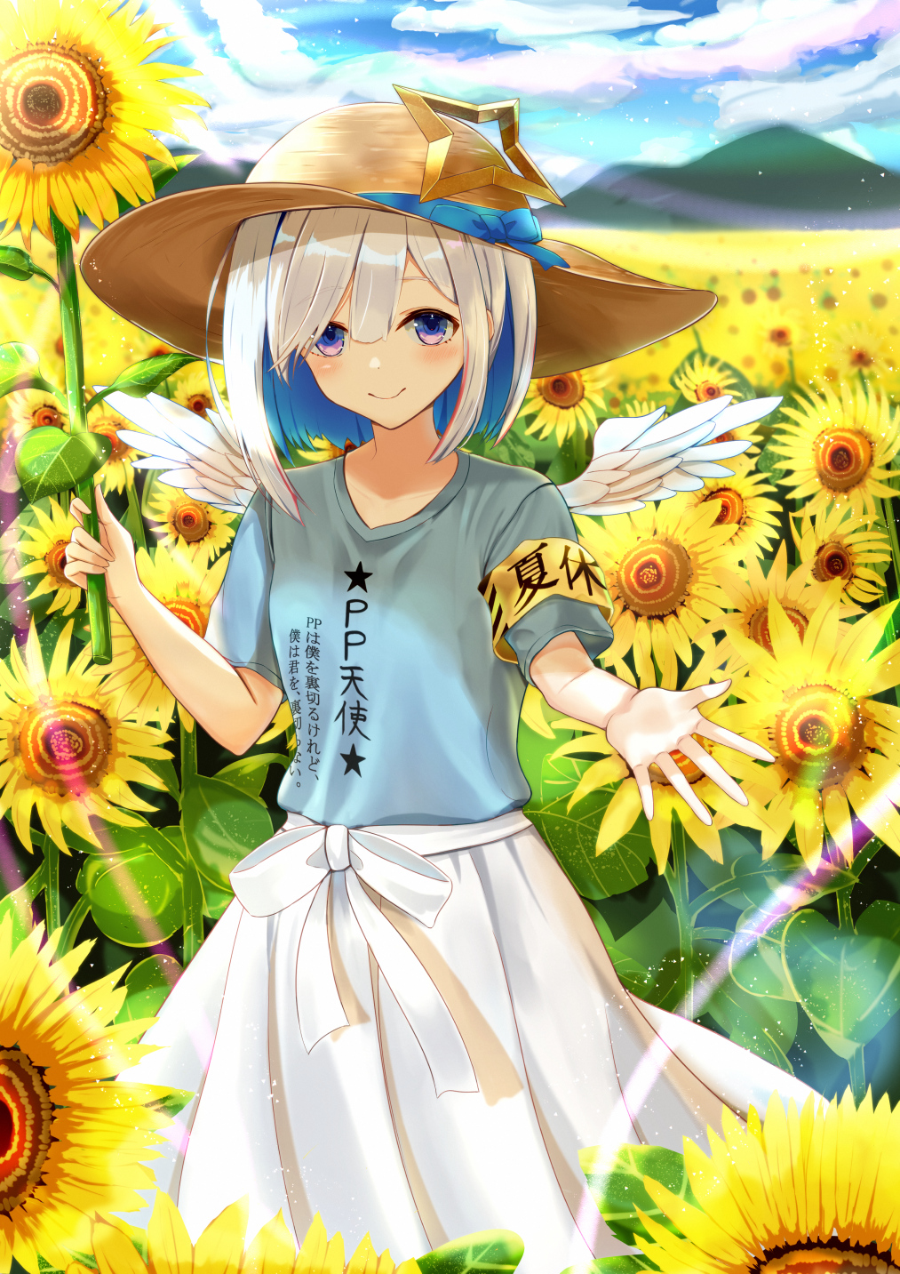 1girl amane_kanata angel_wings armband bangs blue_bow blue_shirt blush bow closed_mouth clouds colored_inner_hair day eyebrows_visible_through_hair field flower flower_field hair_between_eyes hat hat_bow hat_ornament highres holding holding_flower hololive inaka_44 looking_at_viewer mini_wings multicolored_hair outdoors outstretched_hand pleated_skirt shirt short_hair short_sleeves silver_hair skirt sky smile solo standing straw_hat sunflower t-shirt violet_eyes virtual_youtuber white_skirt wings yellow_flower