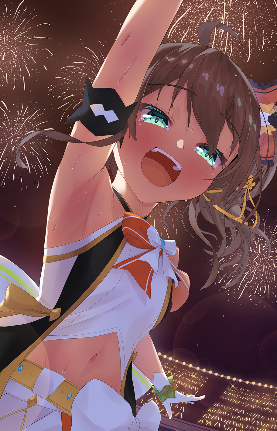 :d ahoge aqua_eyes arm_garter arm_up armband armpits bangs belt bow bowtie breasts brown_hair cowboy_shot cropped_shirt crying fireworks gloves hair_between_eyes highres hololive idol idol_clothes masaya_tayo midriff natsuiro_matsuri navel nonstop_story open_mouth orange_neckwear shirt short_hair side_ponytail sleeveless small_breasts smile stage sweat virtual_youtuber white_gloves white_shirt