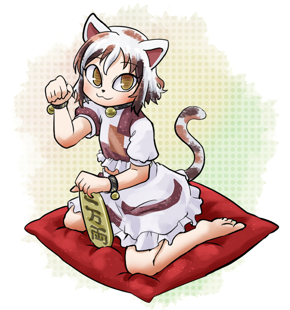1girl :3 animal_ears animal_nose barefoot bell bracelet brown_hair cat_ears cat_tail chamaji coin collar commentary_request cushion eyebrows_visible_through_hair full_body gold hair_between_eyes hand_up jewelry jingle_bell koban_(gold) looking_at_viewer maneki-neko midriff multicolored_hair paw_pose puffy_short_sleeves puffy_sleeves short_hair short_sleeves sitting skirt skirt_set smile solo tail touhou translation_request unconnected_marketeers unnamed_cat_girl_(touhou) wariza white_hair yellow_eyes
