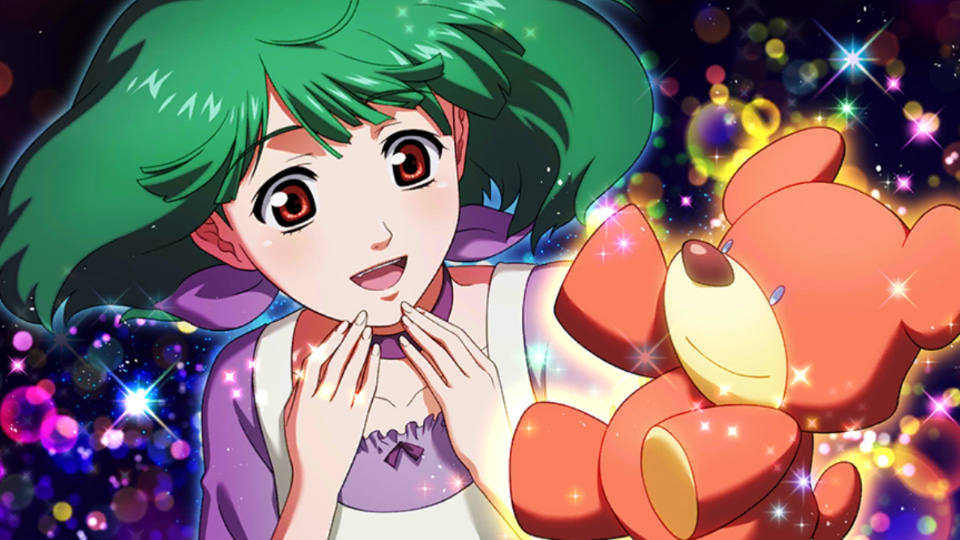 1girl brown_eyes choker game_cg green_hair macross macross_frontier macross_frontier:_sayonara_no_tsubasa official_art ranka_lee short_hair solo sparkle stuffed_animal stuffed_toy teddy_bear uta_macross_sumaho_deculture