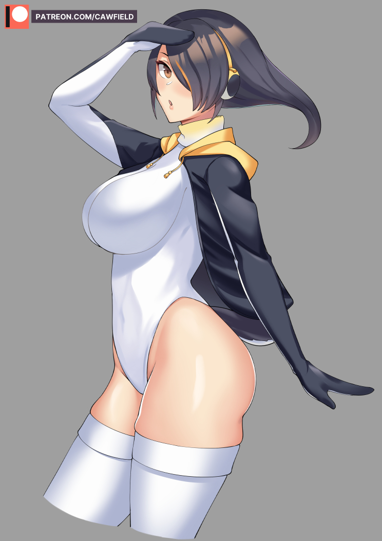 1girl black_hair black_jacket breasts brown_eyes cawfield cowboy_shot cropped_legs emperor_penguin_(kemono_friends) english_commentary hair_over_one_eye headphones highleg highleg_leotard hood hooded_jacket hoodie jacket kemono_friends large_breasts leotard long_hair looking_at_viewer multicolored_hair patreon_logo patreon_username shading_eyes solo thigh-highs watermark web_address white_legwear white_leotard