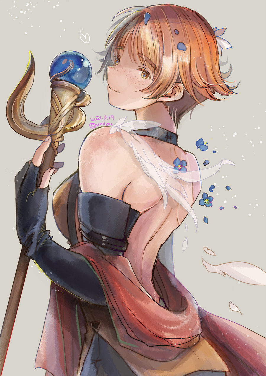 1girl back backless_dress backless_outfit bare_back bare_shoulders black_gloves blue_flower brown_eyes brown_hair dated dorothy_(fire_emblem) dress elbow_gloves eyebrows_visible_through_hair fingerless_gloves fire_emblem fire_emblem:_the_binding_blade flower freckles gloves highres looking_at_viewer looking_back petals red_scarf scarf short_hair shoulder_blades simple_background smile solo staff twitter_username urihara84